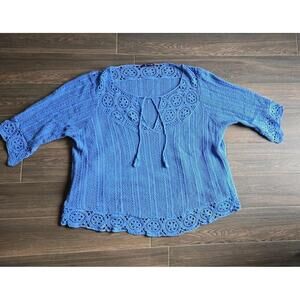 Roamans Knit Swim Cover Up Womens 30/32 Boho Blue Summer 3x crochet
